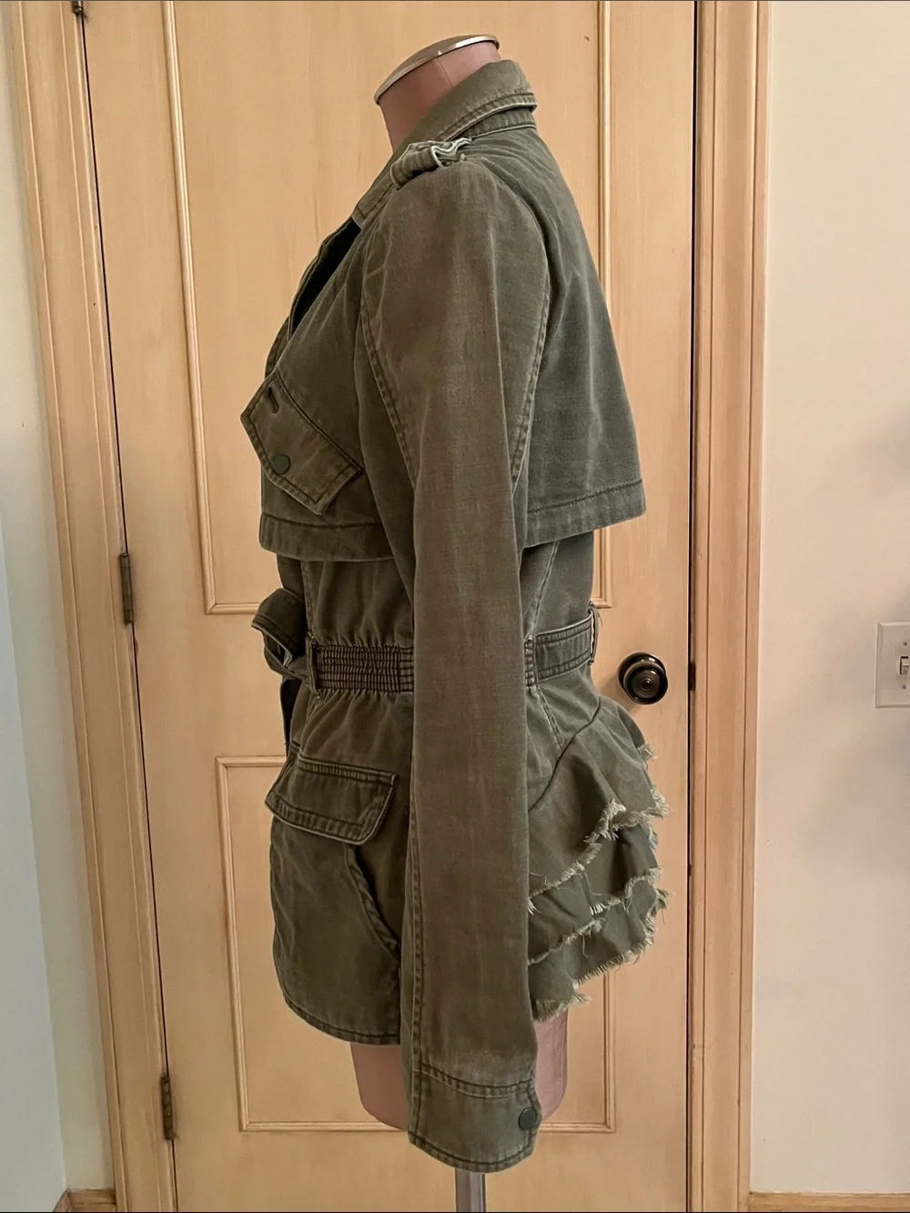 ANTHROPOLOGIE HEI HEI Modern Arty Ruffle Peplum Olive Utility Tie-Waist Jacket S